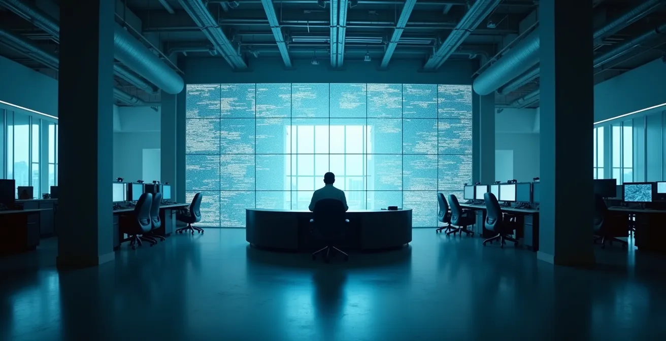 Expert en cyberdéfense analysant des données dans un centre d'opérations sécurisé