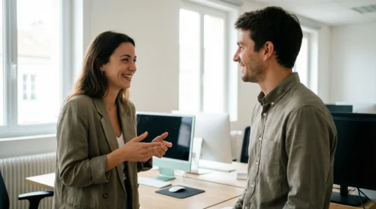 Conversation professionnelle entre collègues dans un espace de travail moderne (NAO entreprise)