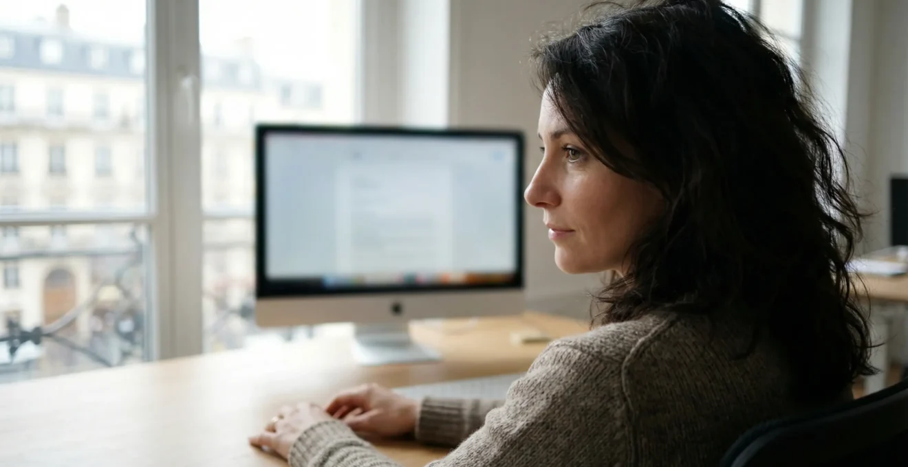 Salariée française consultant des informations sur son poste de travail (accord entreprise)